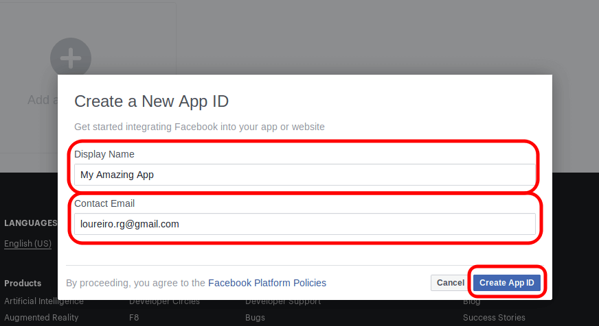 Facebook Create New App ID