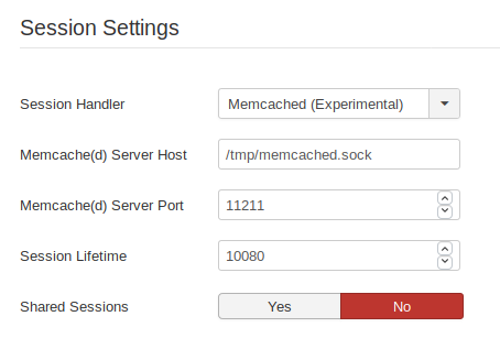 Session settings page on Joomla