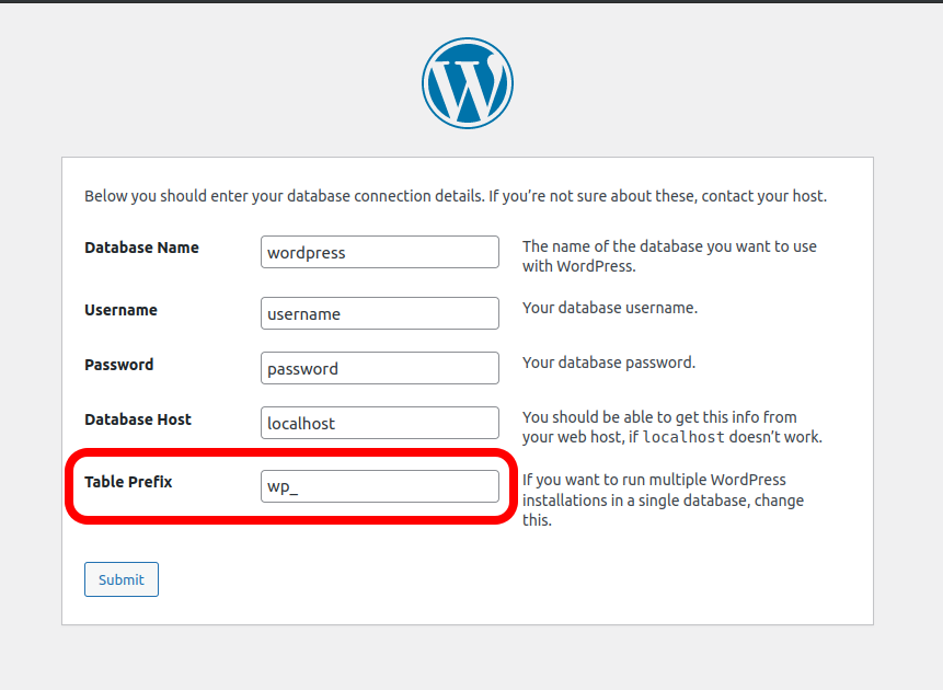 WordPress Installation - Step 1, showing the prefix option