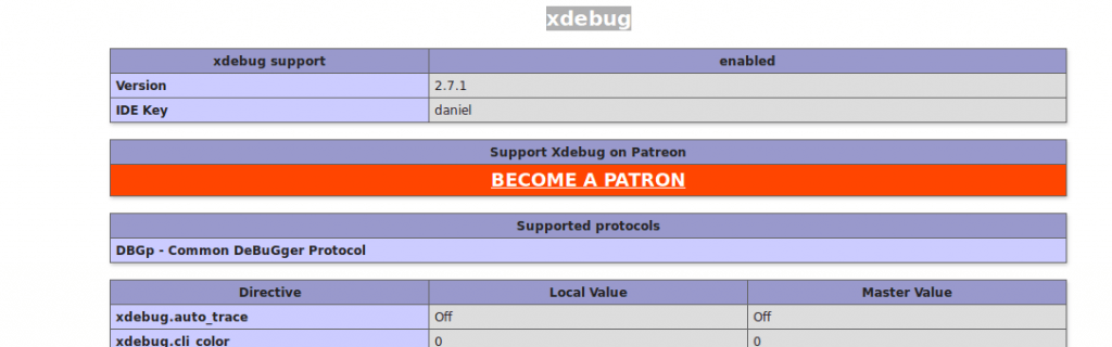 xdebug details on phpinfo page